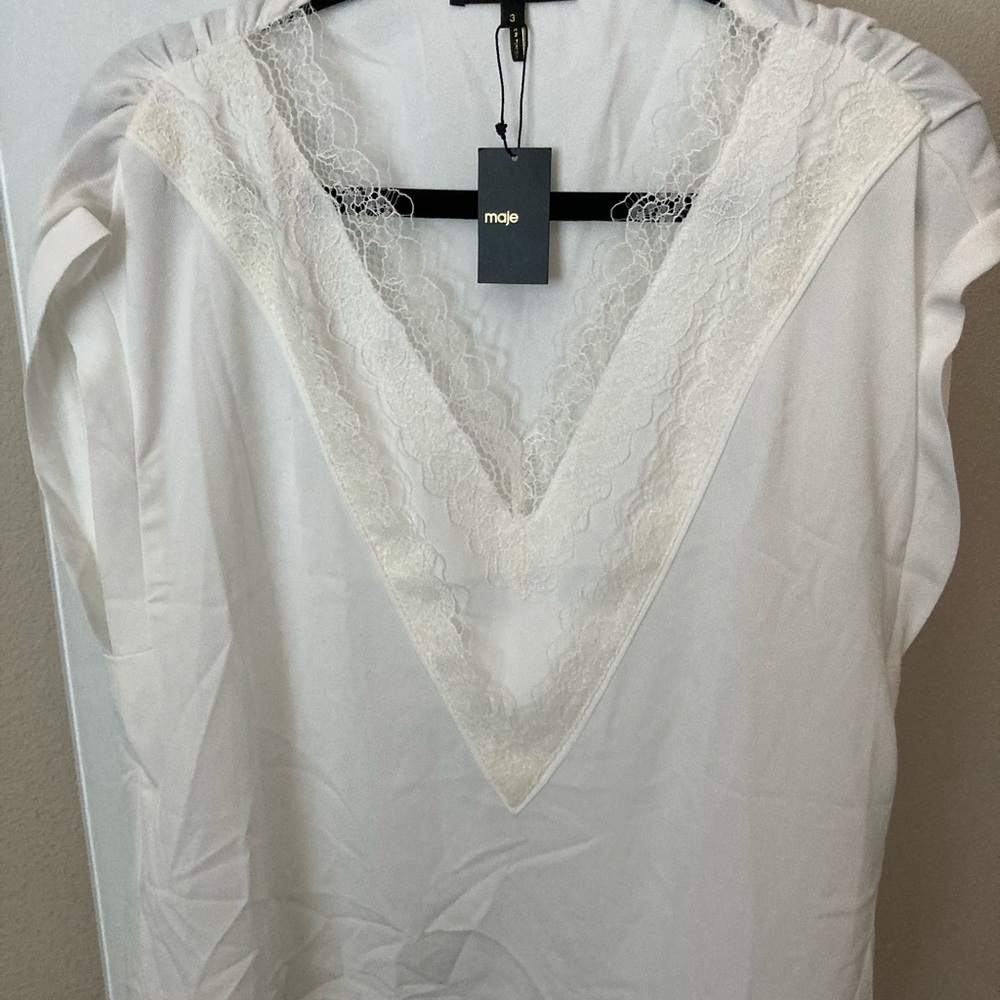 New Maje white blouse with lace v trim white /3